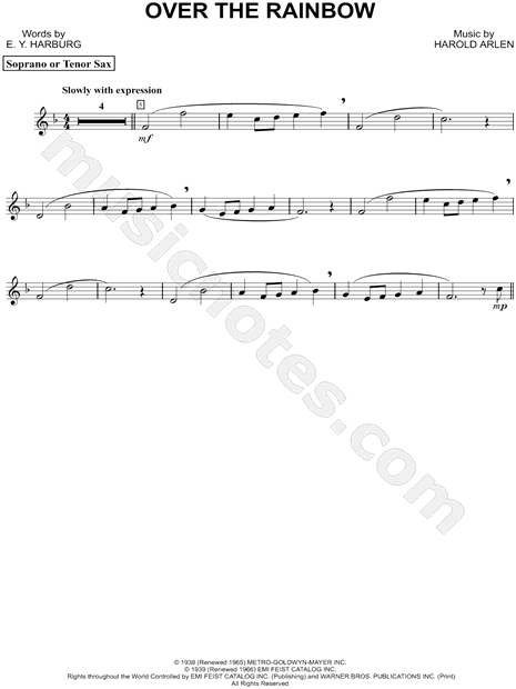 Over The Rainbow Bb Saxophone From The Wizard Of Oz Sheet Music Tenor Saxophone Solo In F Major Download Print Sku Mn0122644