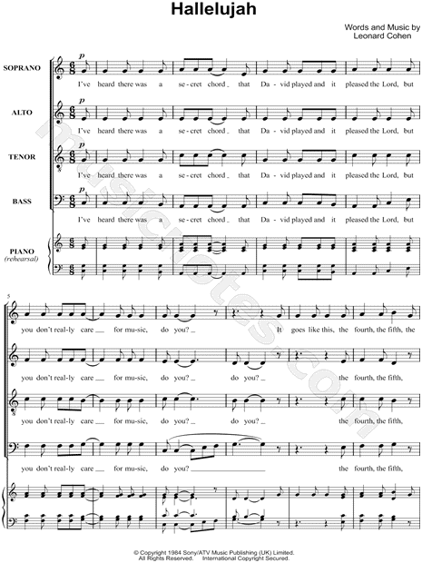 Leonard Cohen "Hallelujah" SATB Choir A Cappella Choral Sheet Music in