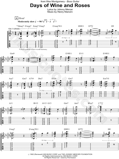 Wes Montgomery "Days of Wine and Roses" Guitar Tab in F 