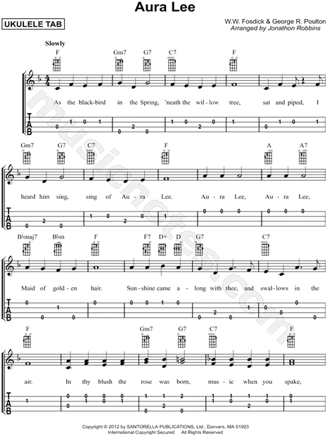 traditional aura lee ukulele tab in f major download print sku mn0123184