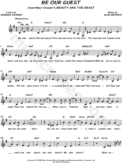 Be Our Guest From Beauty And The Beast Sheet Music Leadsheet In G Major Download Print Sku Mn