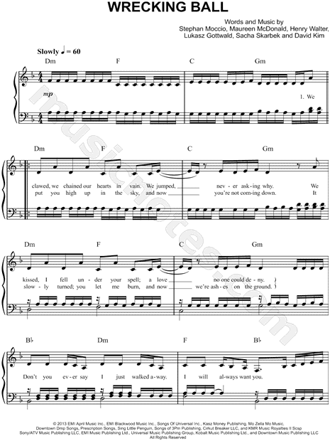 Miley Cyrus "Wrecking Ball" Sheet Music (Easy Piano) in D Minor