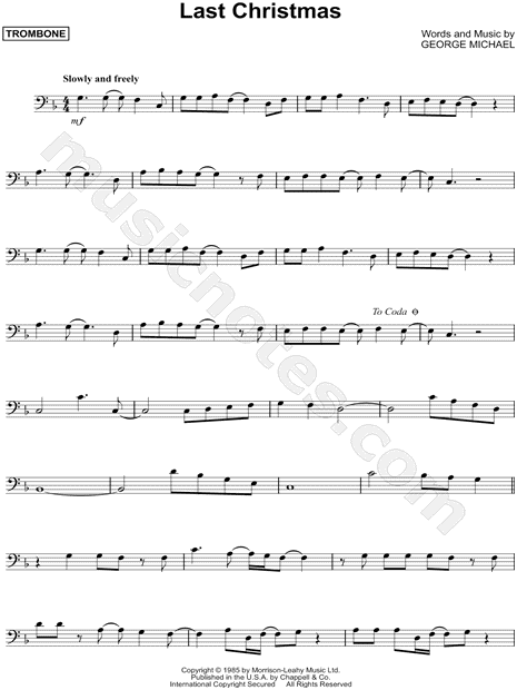 Wham! "Last Christmas" Sheet Music (Trombone Solo) in F 
