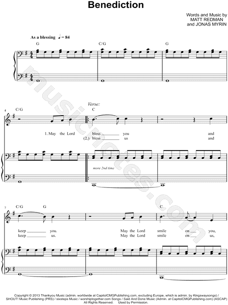 Matt Redman Benediction Sheet Music In G Major Transposable Download Print Sku Mn0124317