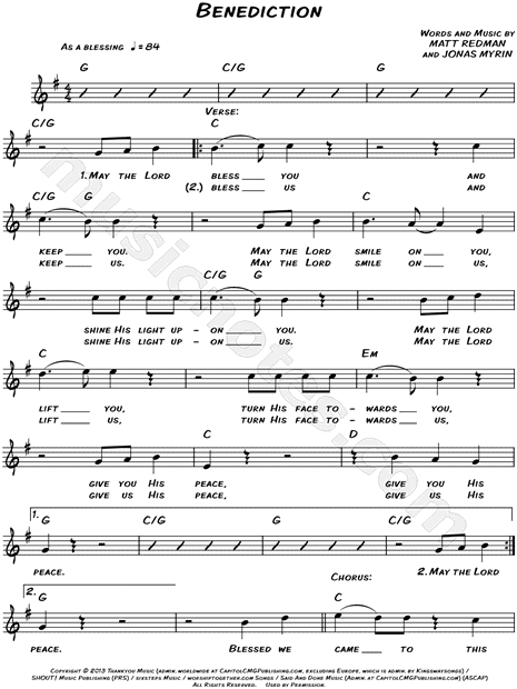 Matt Redman Benediction Sheet Music Leadsheet In G Major Transposable Download Print Sku Mn0124318