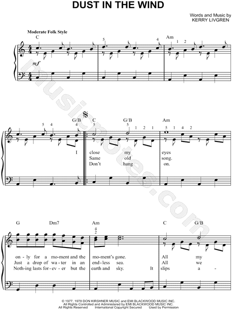 menta medianoche fenómeno Kansas "Dust in the Wind" Sheet Music (Easy Piano) (Piano Solo) in C Major  - Download & Print - SKU: MN0124560