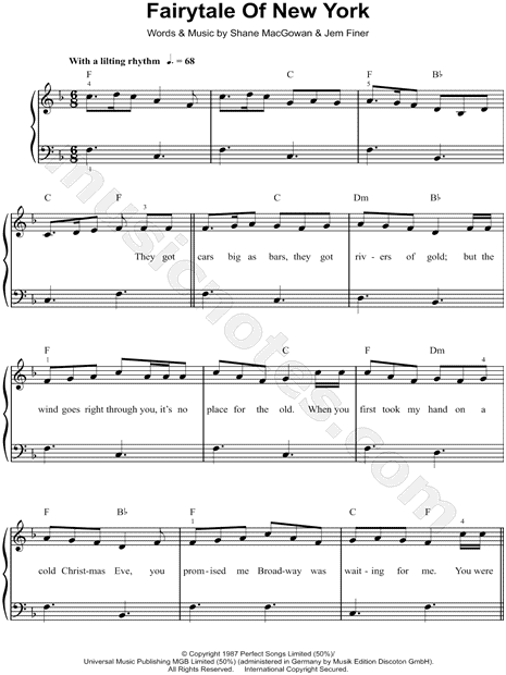 The Pogues "Fairytale of New York" Sheet Music (Easy Piano) in F Major (transposable) - Download ...