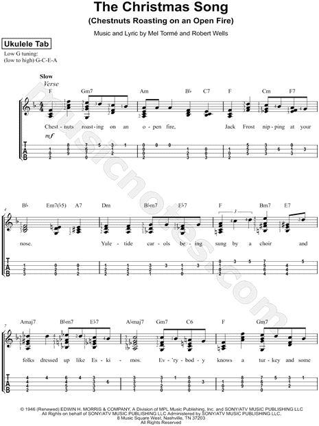 målbar pension George Bernard Mel Tormé "The Christmas Song (Chestnuts Roasting on an Open Fire)" Ukulele  Tab in F Major - Download & Print - SKU: MN0126969