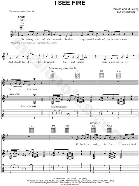 I See Fire From The Hobbit The Desolation Of Smaug Guitar Tab In E Minor Download Print Sku Mn