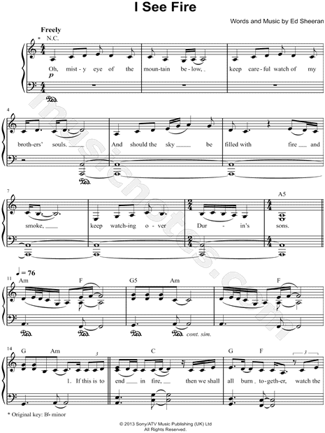 I See Fire From The Hobbit The Desolation Of Smaug Sheet Music Easy Piano In A Minor Transposable Download Print Sku Mn