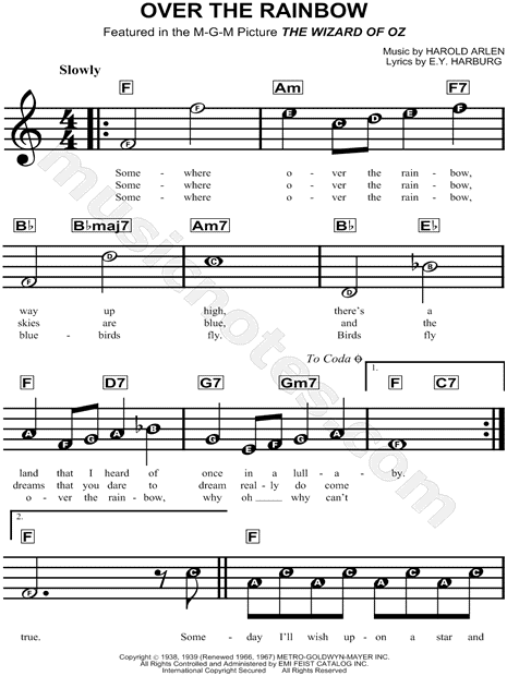 Over the Rainbow" 'The Wizard of Oz' Sheet for Beginners in C Major - Download & Print - SKU: MN0127464