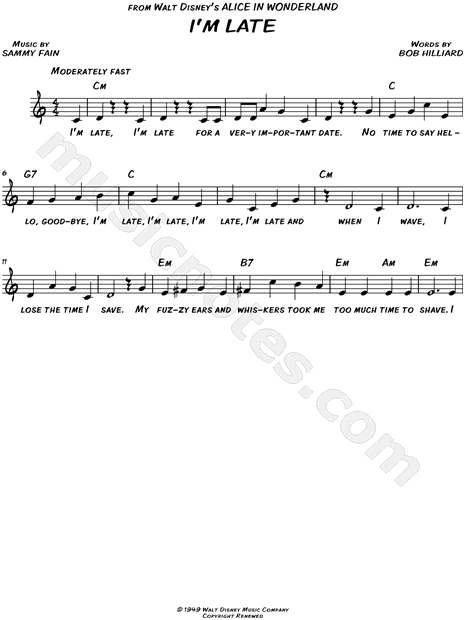 "I'm Late" from 'Alice In Wonderland' Sheet Music ...