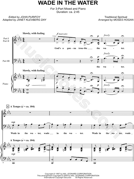 Traditional Spiritual "Wade In the (arr. Moses Hogan, Klevberg Day) 3-Part Choir + Piano Choral Sheet Music in C Minor - Download & Print - SKU: MN0127664