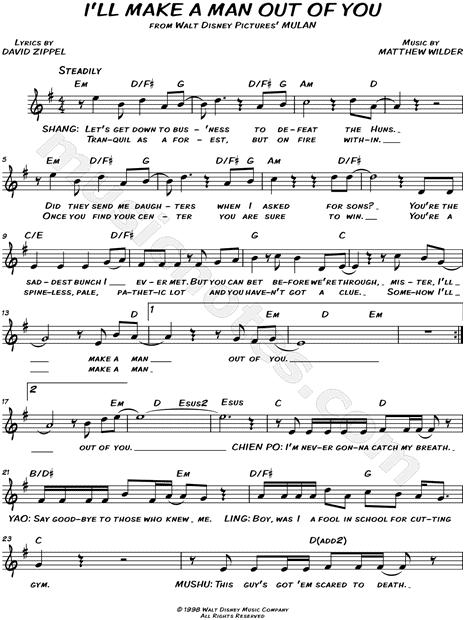 I Ll Make A Man Out Of You From Mulan Sheet Music Leadsheet In E Minor Transposable Download Print Sku Mn0127771