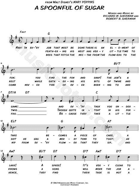 Spoonful of Sugar" from 'Mary Poppins' Sheet Music (Leadsheet) in G Major (transposable) - Download & Print SKU: MN0127848