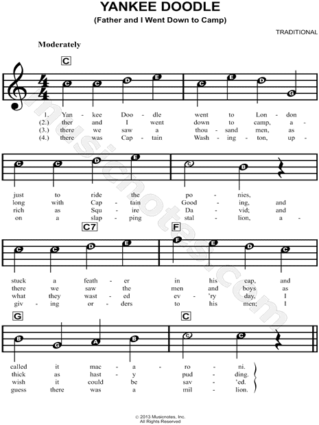 Traditional "Yankee Doodle" Sheet Music for Beginners in C Major