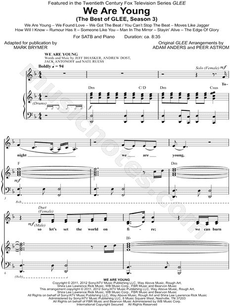 We Are Young The Best Of Glee Season 3 From Glee Arr Adam Anders Peer Astrom Mark A Brymer Satb Choir Piano Choral Sheet Music In F Major Download