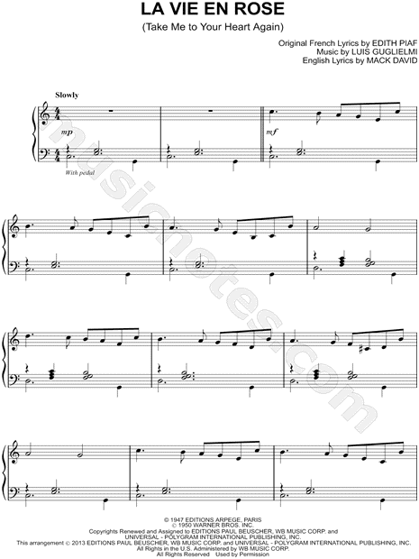 Edith Piaf La Vie En Rose Sheet Music Piano Solo In C Major Download Print Sku Mn