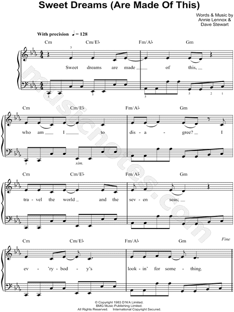 fuga Espacioso Por separado Eurythmics "Sweet Dreams (Are Made of This)" Sheet Music (Easy Piano) in Eb  Major - Download & Print - SKU: MN0128644
