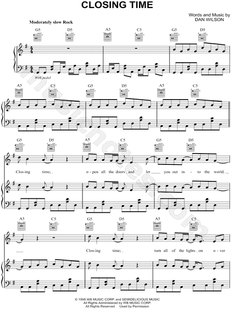 Semisonic "Closing Time" Sheet Music in G Major (transposable