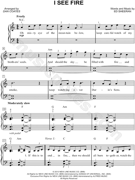 Ed Sheeran I See Fire Sheet Music Easy Piano In A Minor Transposable Download Print Sku Mn