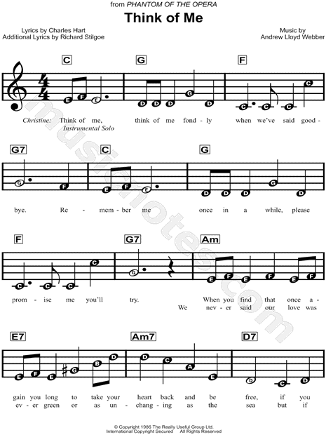 Think of Me" from 'The Phantom of the Sheet Music for Beginners in C Major - Download Print SKU: