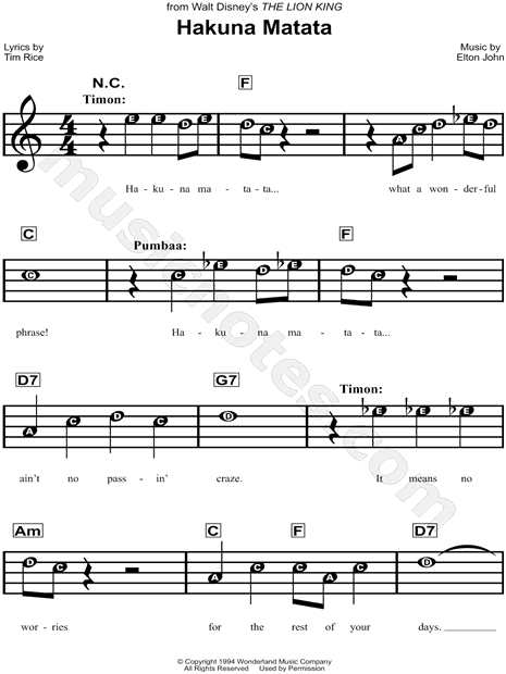 "Hakuna Matata" from 'The Lion King' Sheet Music for 