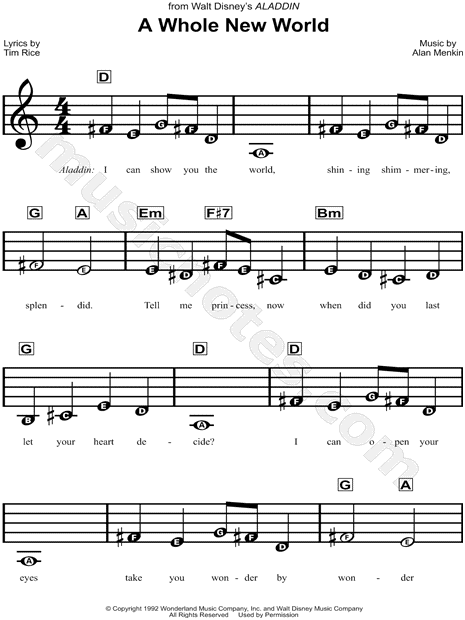 A Whole New World Aladdin Piano Sheet Music Guitar Chords Walt