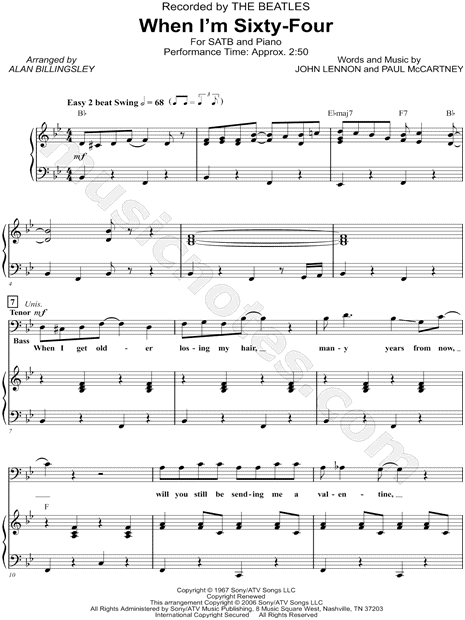 no pueden ver Inconveniencia posición The Beatles "When I'm Sixty-Four" (arr. Alan Billingsley) SATB Choir + Piano  Choral Sheet Music in Bb Major - Download & Print - SKU: MN0129893