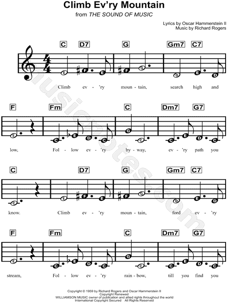 Climb Ev Ry Mountain From The Sound Of Music Sheet Music For Beginners In C Major Download Print Sku Mn