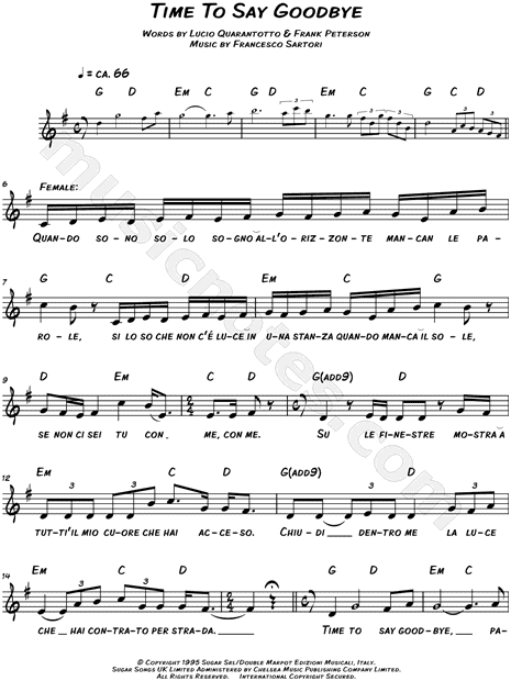 Sarah Brightman Andrea Bocelli Time To Say Goodbye Con Te Partiro Sheet Music Leadsheet In G Major Transposable Download Print Sku Mn
