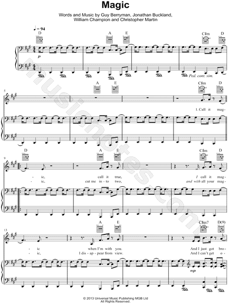 Coldplay "Magic" Sheet Music in A Major (transposable 
