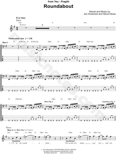 Yes Roundabout Bass Tab In E Minor Download Print Sku