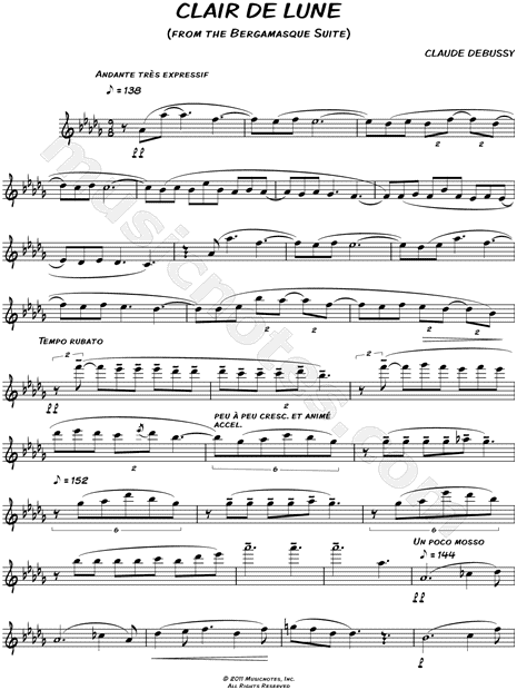 Claude Debussy Clair De Lune Sheet Music Leadsheet Flute Violin Oboe Or Recorder In Db Major Download Print Sku Mn