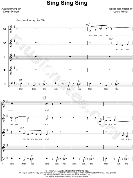 Louis Prima Sing Sing Sing Arr Deke Sharon Ssatb Choir A Cappella Choral Sheet Music In G Major Download Print Sku Mn