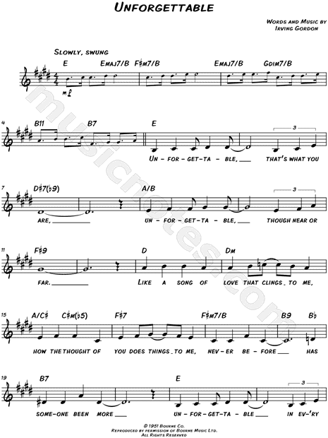 Nat King Cole "Unforgettable" Sheet Music (Leadsheet) in E Major (transposable) - Download ...
