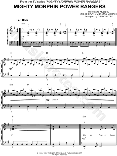 Shuki Levy "Mighty Morphin Power Rangers" Sheet Music (Easy Piano) in E