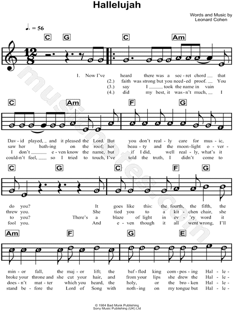 Leonard Cohen "Hallelujah" Sheet Music for Beginners in C Major