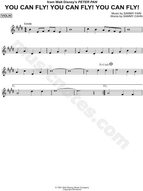 dentista Sospechar cuadrado You Can Fly! You Can Fly! You Can Fly!" from 'Walt Disney's Peter Pan'  Sheet Music (Violin Solo) in E Major - Download & Print - SKU: MN0133093