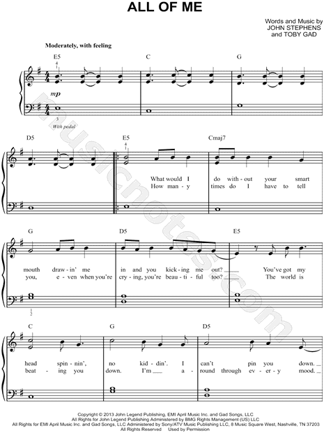 John Legend All Of Me Sheet Music Easy Piano In G Major Transposable Download Print Sku Mn0133885