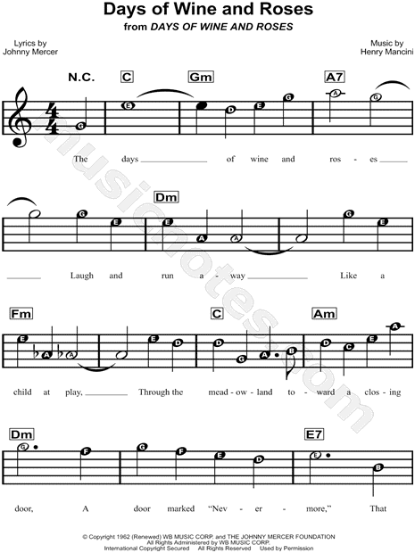 Henry Mancini Days Of Wine And Roses Sheet Music For Beginners In C Major Download Print Sku Mn