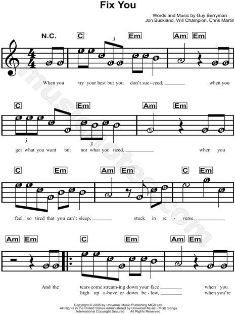 Coldplay "Fix You" Sheet Music for Beginners in C Major 