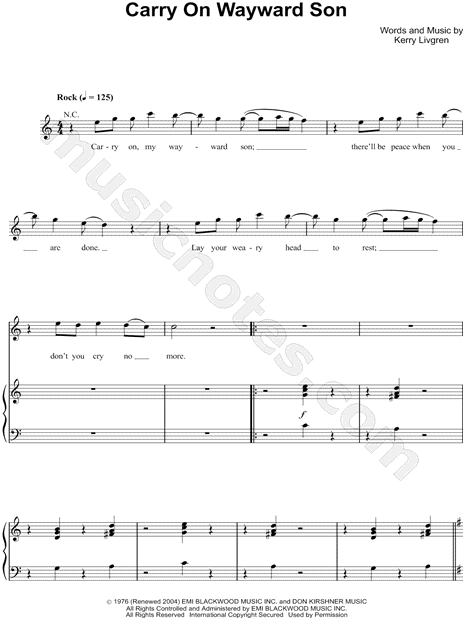 Kansas Carry On Wayward Son Sheet Music In C Major Download Print Sku Mn