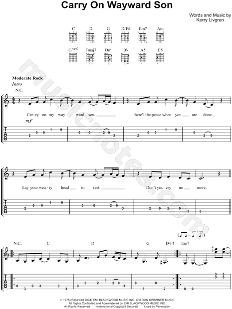 Kansas Carry On Wayward Son Guitar Tab In A Minor Download Print Sku Mn