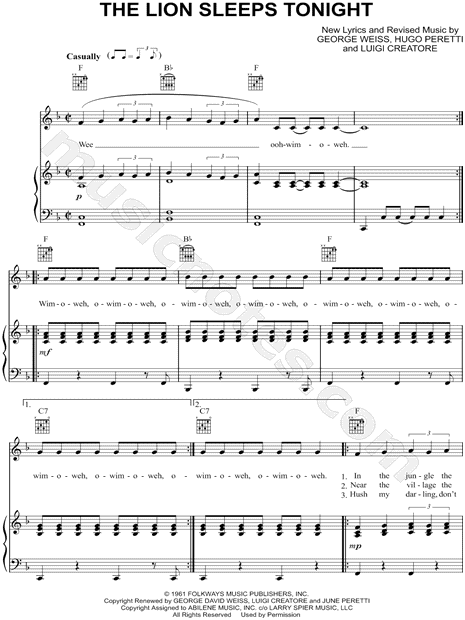 The Tokens The Lion Sleeps Tonight Sheet Music In F Major Transposable Download Print Sku Mn The Tokens The Lion Sleeps Tonight Sheet Music In F Major Transposable Download Print Sku Mn