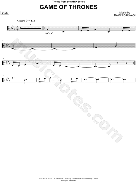 Game Of Thrones Viola From Game Of Thrones Sheet Music In C