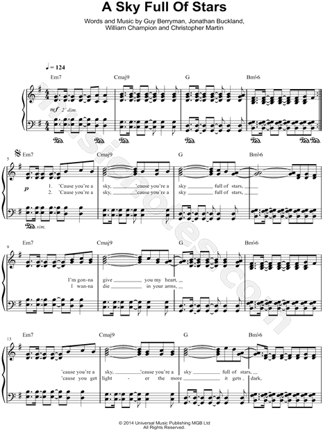 Coldplay A Sky Full Of Stars Sheet Music Easy Piano In G Major Transposable Download Print Sku Mn