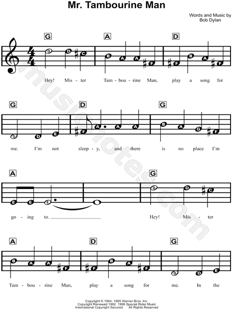 Bob Dylan Mr Tambourine Man Sheet Music For Beginners In C Major Download Print Sku Mn