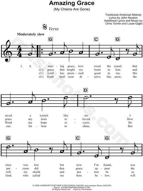 Chris Tomlin "Amazing Grace (My Chains Are Gone)" Sheet Music for Beginners in G Major ...
