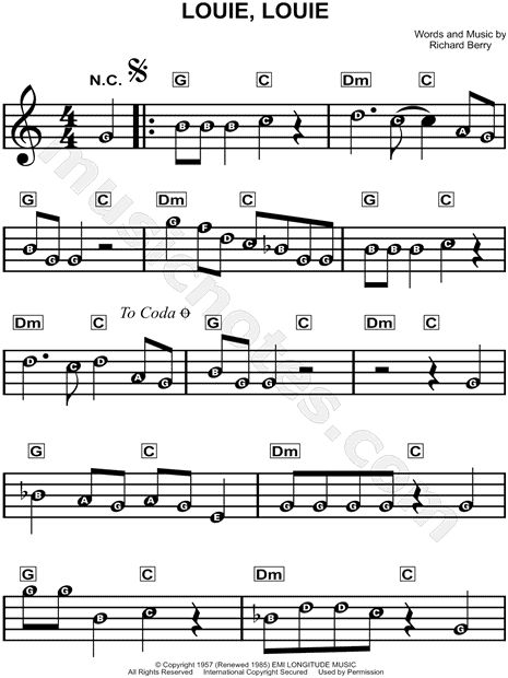 The Kingsmen "Louie, Louie" Sheet Music for Beginners in C ...
